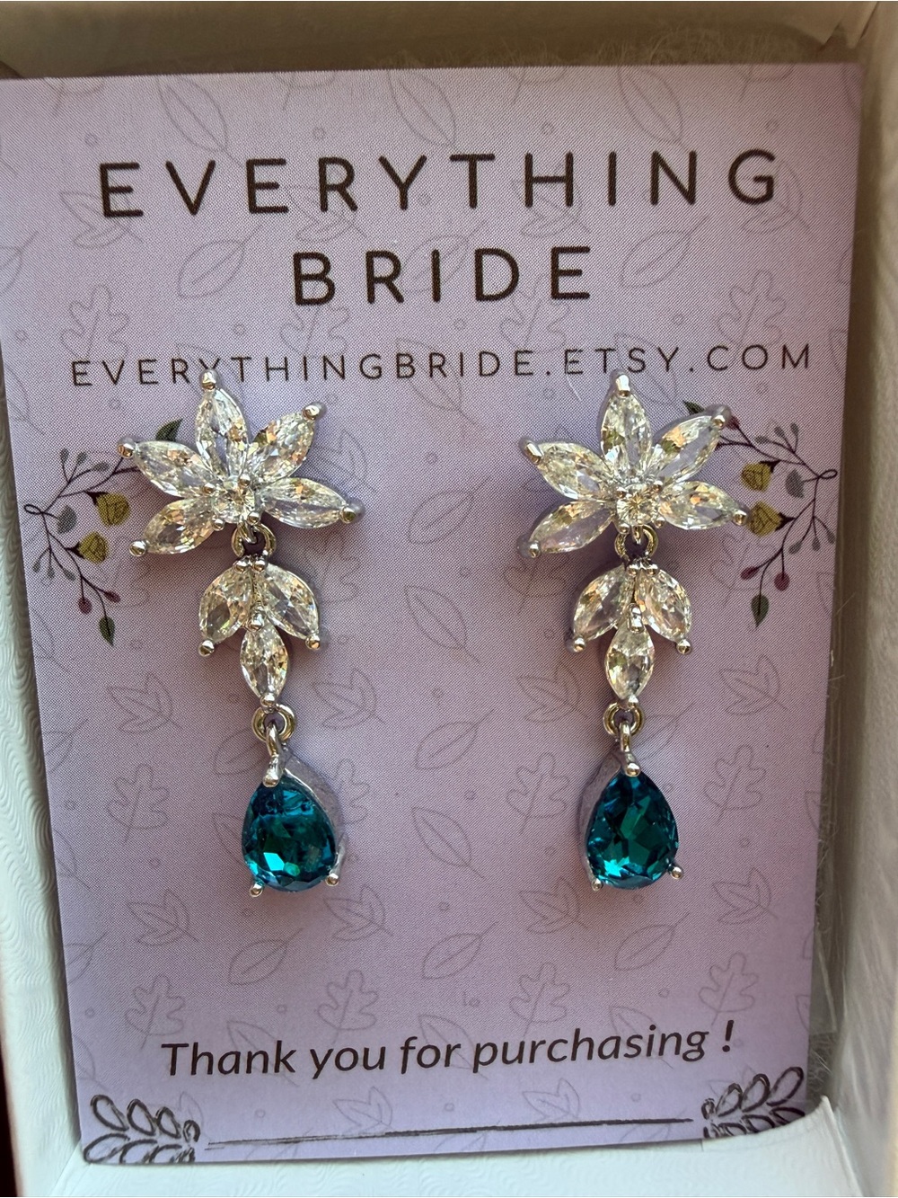 Teal Drop Crystal Floral Earrings